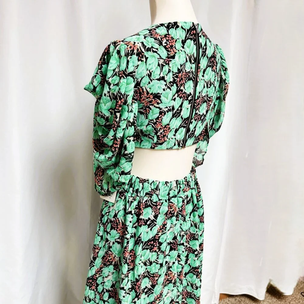Rosevelvet Floral Cutout Midi Dress Mint Green Puff Sleeve Tie Front Boho Size M - Picture 4 of 9
